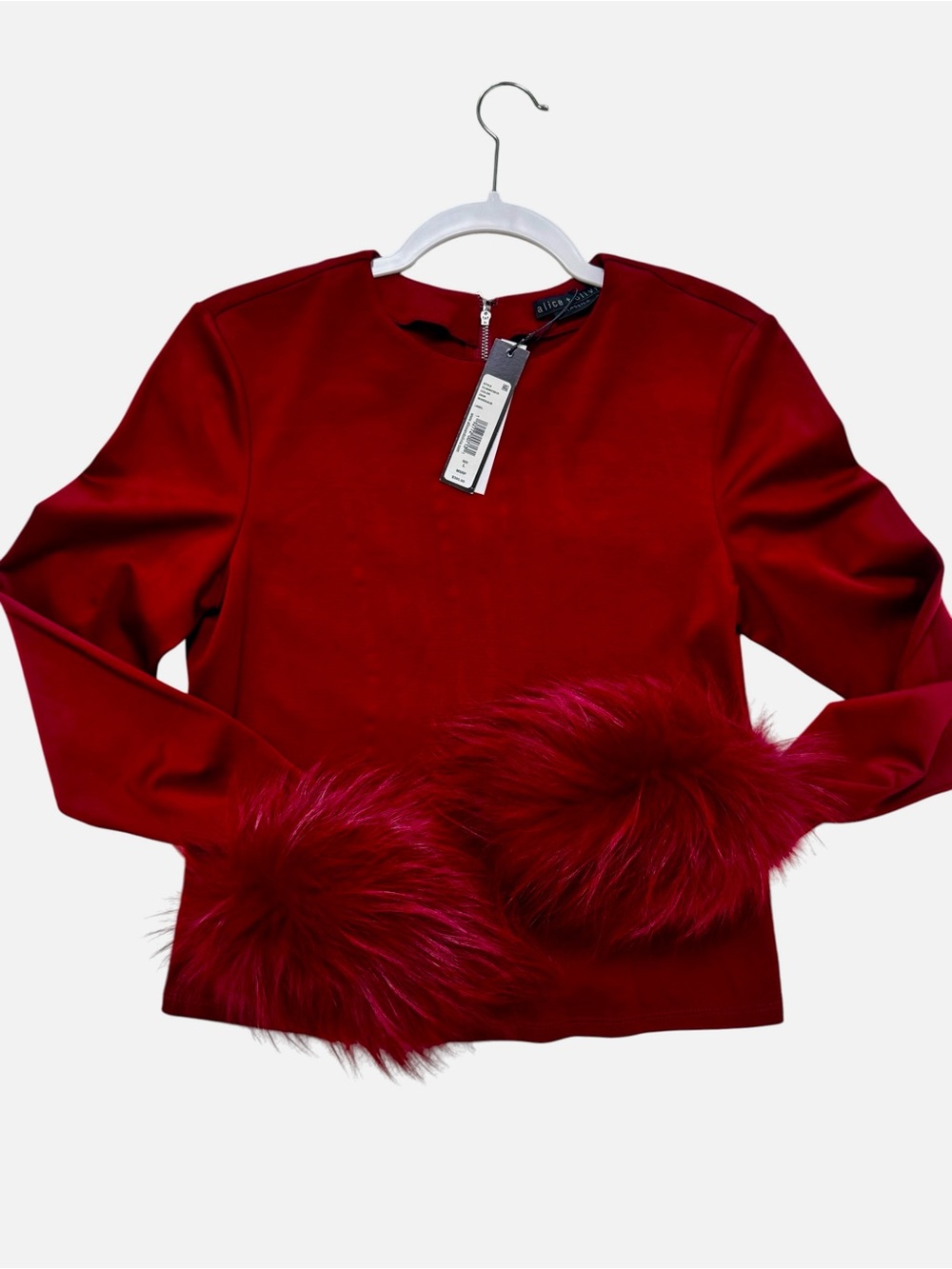 Alice & Olivia Red Fox Fur Cuff Long Sleeve Top - Picture 2 of 7